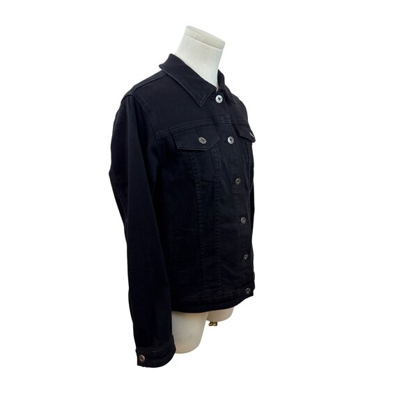 Black Denim Jacket W/ Floral Embroidery On Back Button Closure Long Sleeves Sz S - Picture 2 of 9